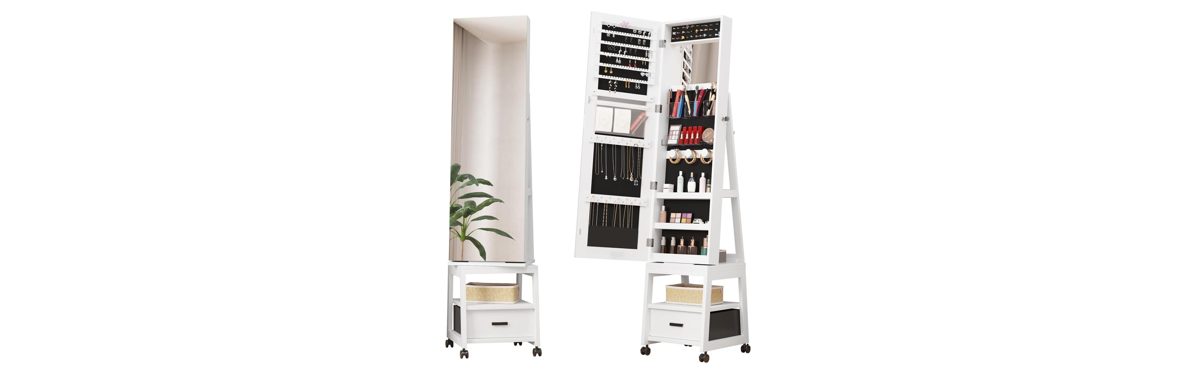 gaomon 360° Swivel Jewelry Armoire with Storage Shelf and Drawer, 66" Full-Length Mirror Cabinet on Wheels