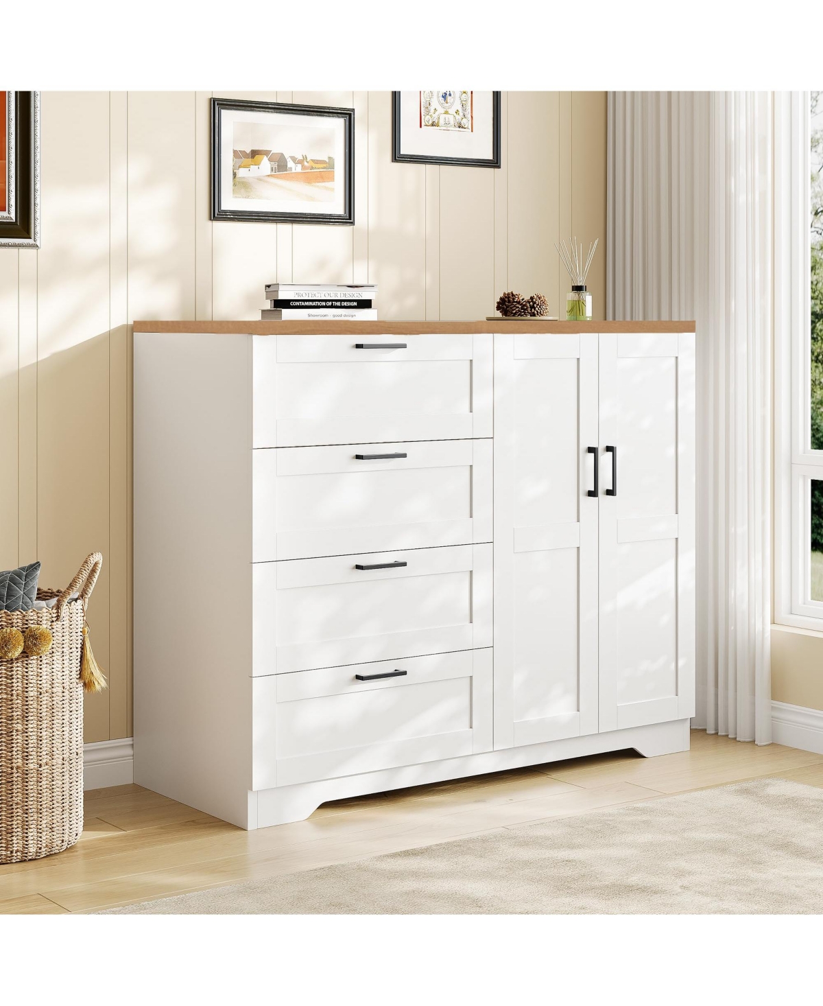 gaomon 43.3" Tall Armoire Wardrobe Closet with 4 Drawers, 2 Doors and Hanging Rod, White