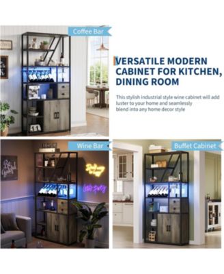 Bar Cabinet with LED Lights, Tall Coffee Bar Station with Power Outlets and Storage Rack, Grey