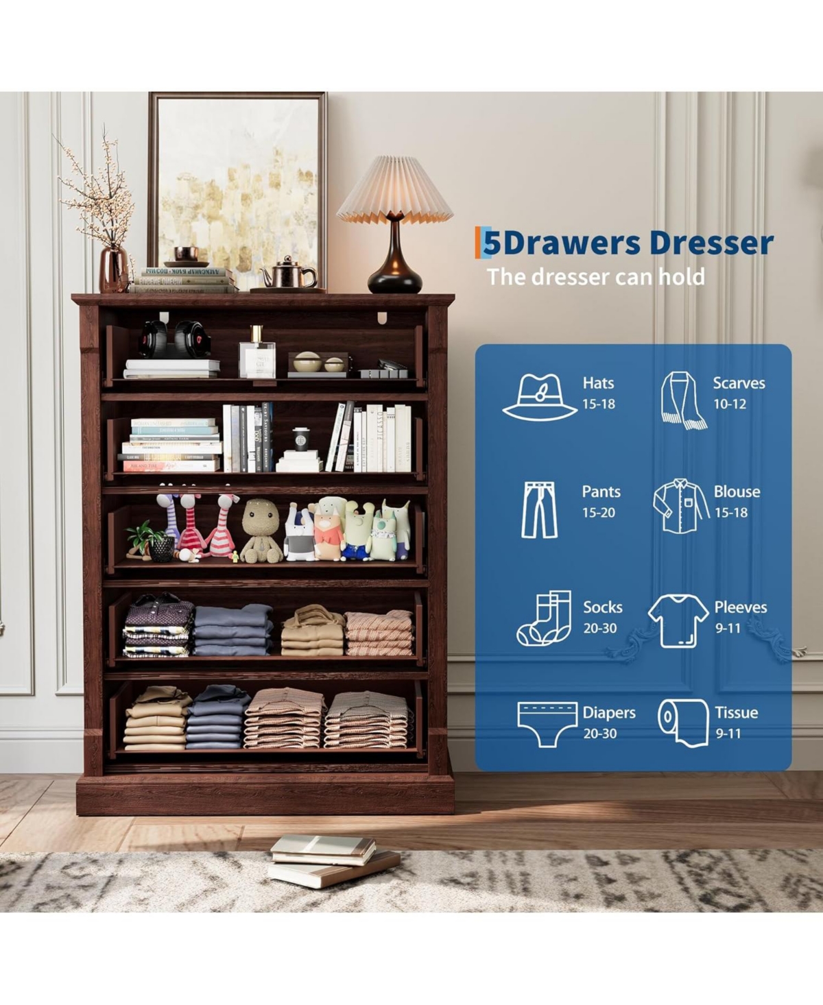 Gaomon Drawer Dresser for Bedroom, Tall Farmhouse Chest of Drawers with Metal Handles, Rustic Storage Cabinet