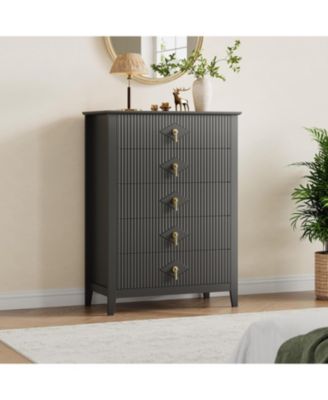 43" Tall Fluted Dresser, 5 Drawer Modern Wood Storage Chest for Living Room or Entryway, Black