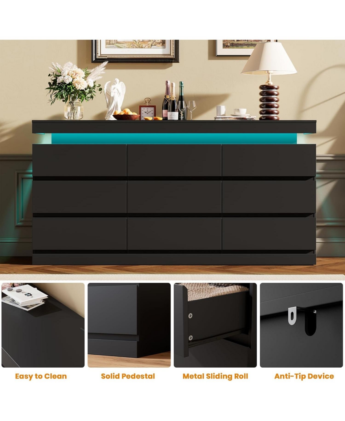 gaomon 63" Wide Chest of Drawers with Led Light and Charging Station