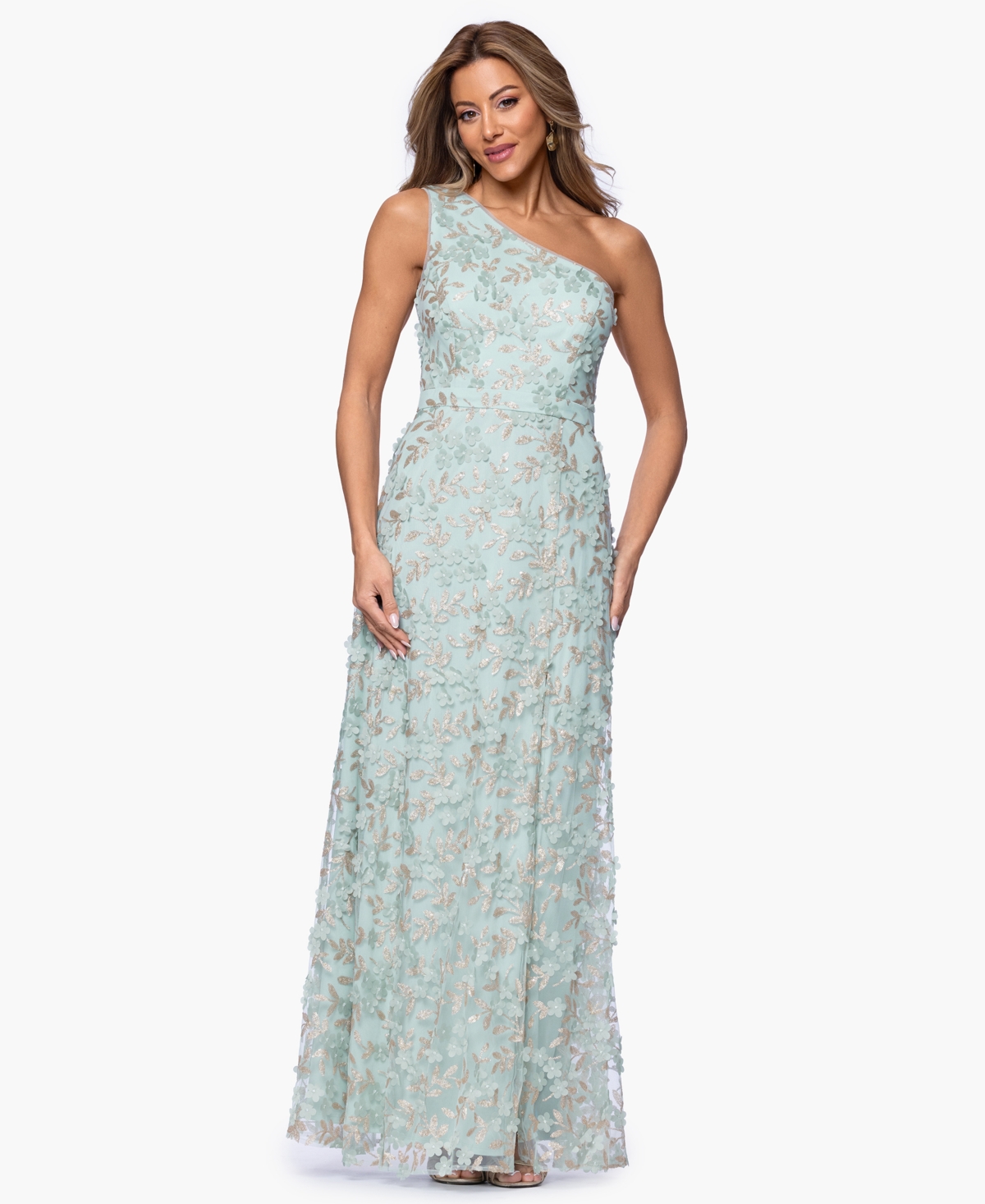 Xscape Women's Embellished One-Shoulder Side-Slit Gown