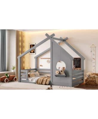House Floor Bed with Window and Shelf, Solid Wood