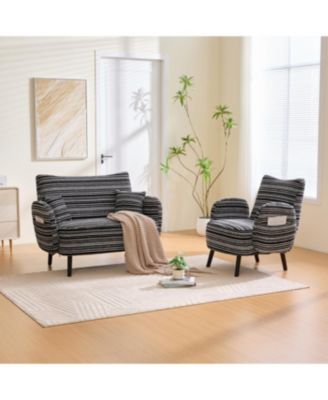 Modern two-seater sofa with armrests, pillows, and storage pockets