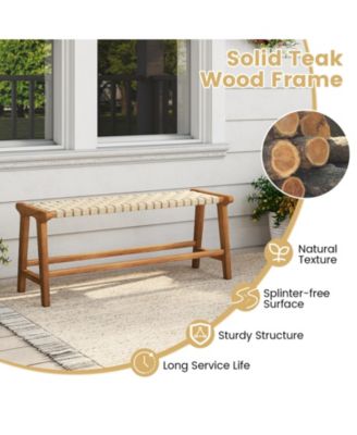 47" Teak Wood Patio Bench with Woven Seat and Solid Legs