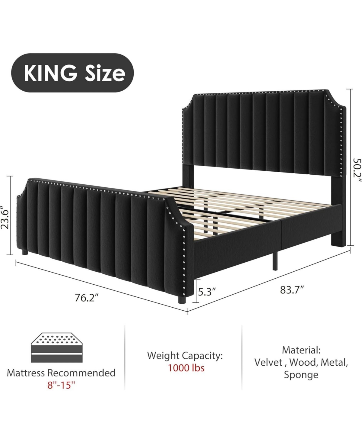 gaomon Upholstered Bed Frame, Vertical Lines Platform with Velvet Headboard & Footboard, Stylish Copper Nails, Metal Mattress Foundation