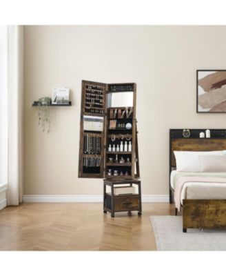 360° Swivel Jewelry Armoire with Storage Shelf and Drawer, 66" Full-Length Mirror Cabinet on Wheels