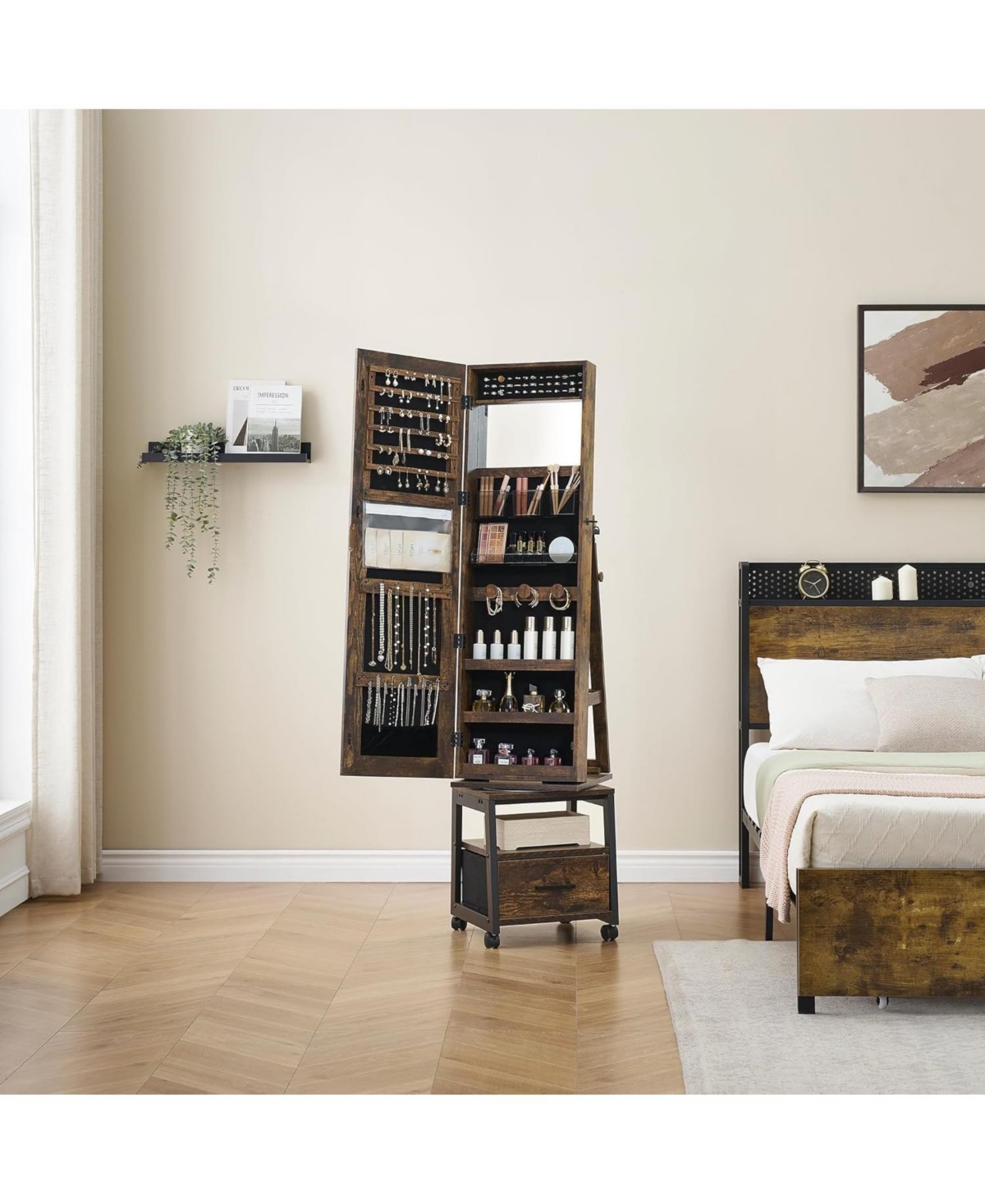 gaomon 360° Swivel Jewelry Armoire with Storage Shelf and Drawer, 66" Full-Length Mirror Cabinet on Wheels