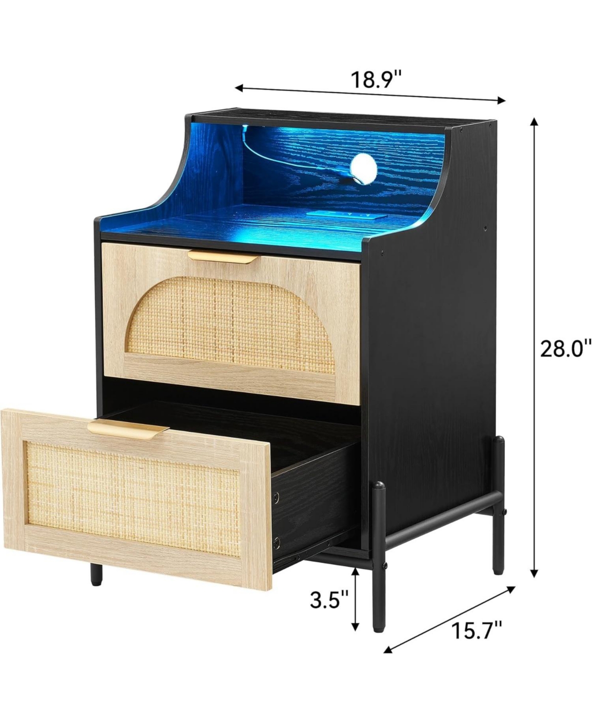 gaomon Nightstand with Led Lights, Bedside Table with 2 Drawers and Curved Shelves,