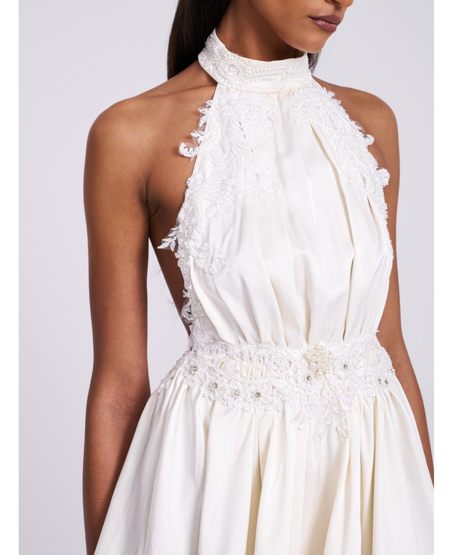 Women's Idalia Beaded Lace Trim Backless Halter Mini Dress