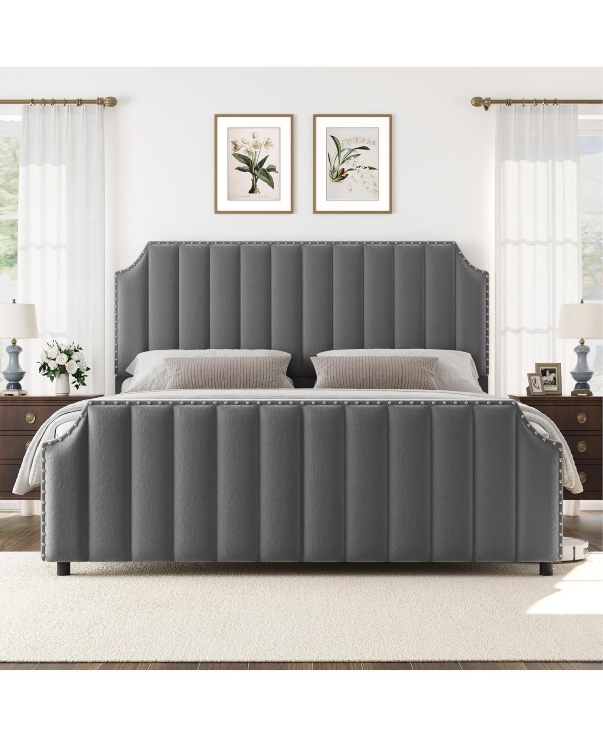 gaomon Upholstered Bed Frame, Vertical Lines Platform with Velvet Headboard & Footboard, Stylish Copper Nails, Metal Mattress Foundation