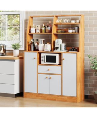Small Farmhouse Coffee Bar Cabinet, Wood Buffet Hutch with 4 Doors & Adjustable Shelves