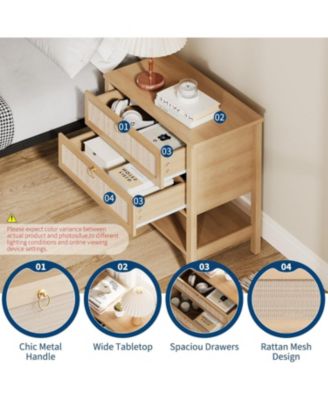 Rattan Nightstand Set of 2, Boho Bedside Tables with 2 Rattan Drawers & Large Storage