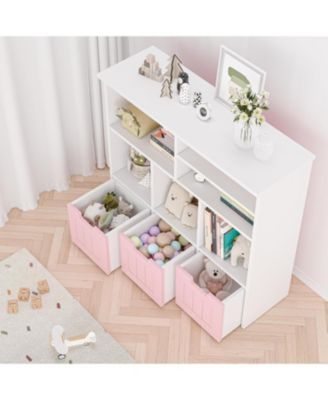 Toy Storage Cabinet with 3 Movable Drawers and 6 Cubes, Kids Bookshelf Organizer with Wheels