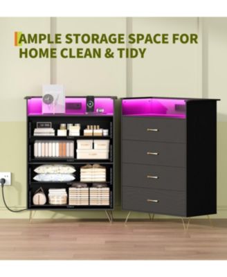Tall 4-Drawer Dresser with RGB Lights & Charging Station, App-Controlled LED Wooden Chest for Bedroom, Black