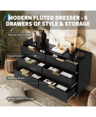 Fluted 6-Drawer Dresser for Bedroom, 47" Wide Modern Wooden Chest of Drawers, Black