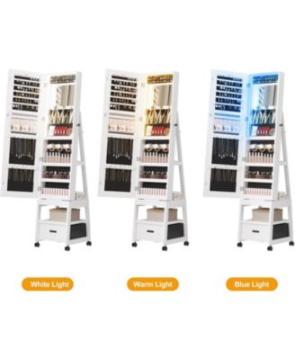 360° Swivel Jewelry Cabinet with LED Lights, Full-Length Mirror and Jewelry Storage, White