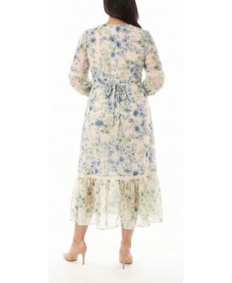 Plus Size 3/4-Length Sleeve Printed Maxi Shirt Dress