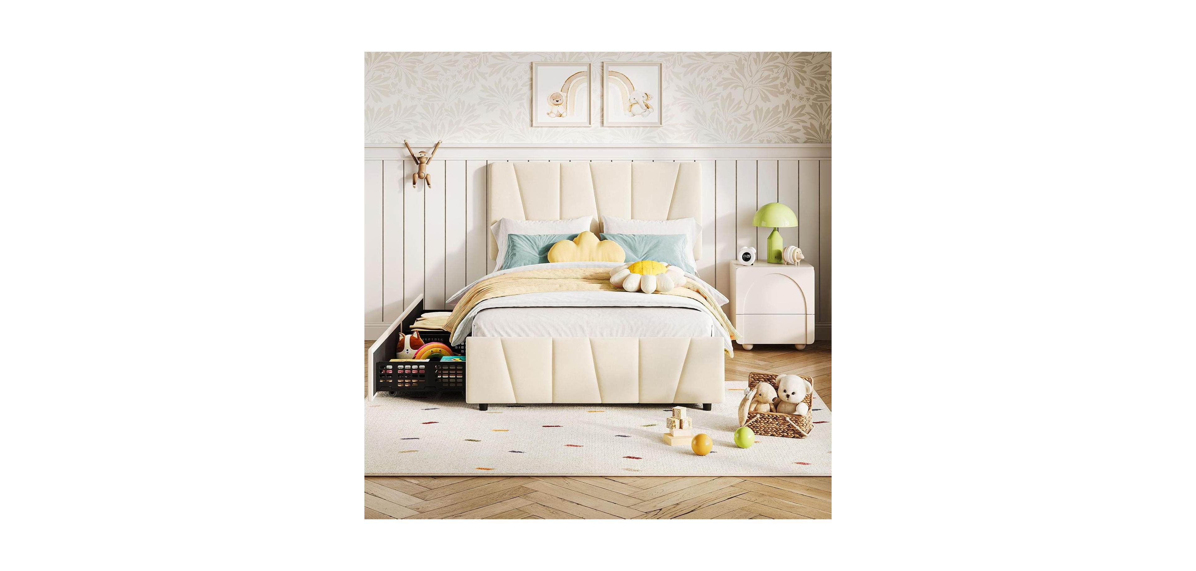 gaomon Bed Frame with Storage Drawers, Upholstered Tufted Platform Frames Wooden Slats Support