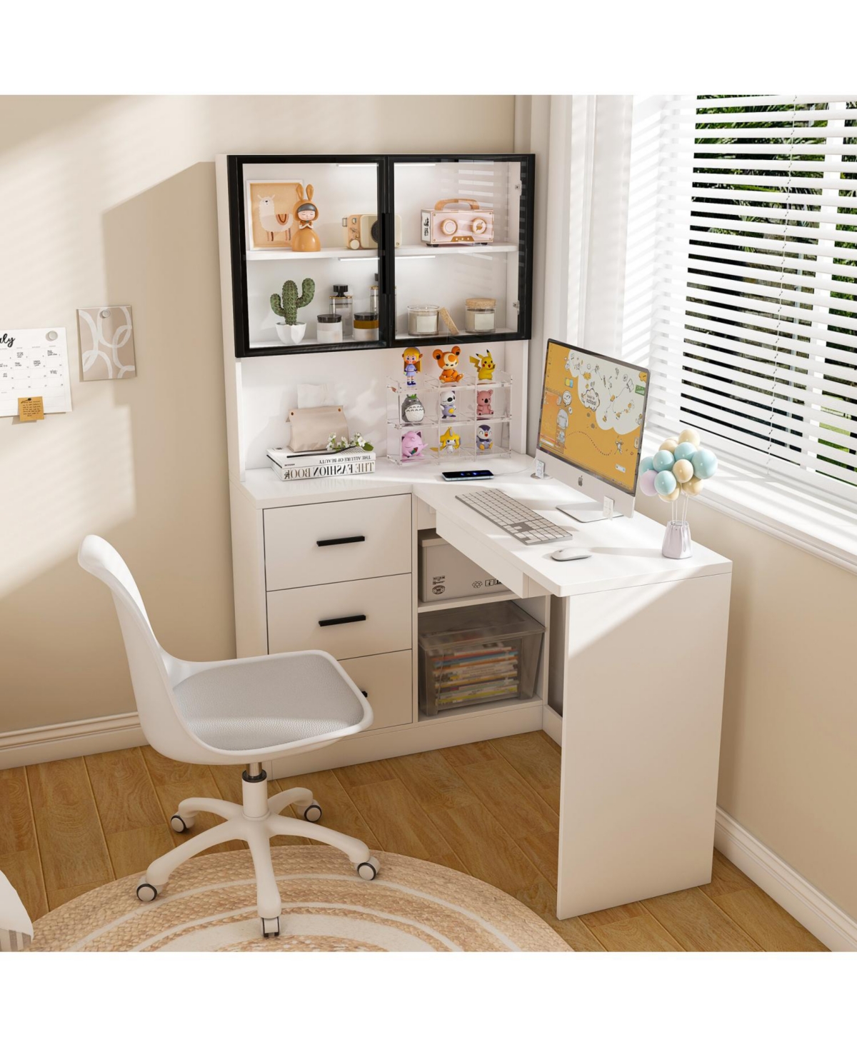 Streamdale L-Shaped Corner Desk with Led, Usb, Keyboard Tray - White