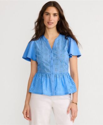 Women's Short Sleeve Mixed Media Eyelet Top