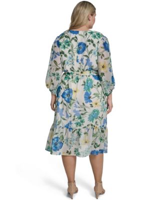 Plus Size Balloon-Sleeve Tiered Midi Dress