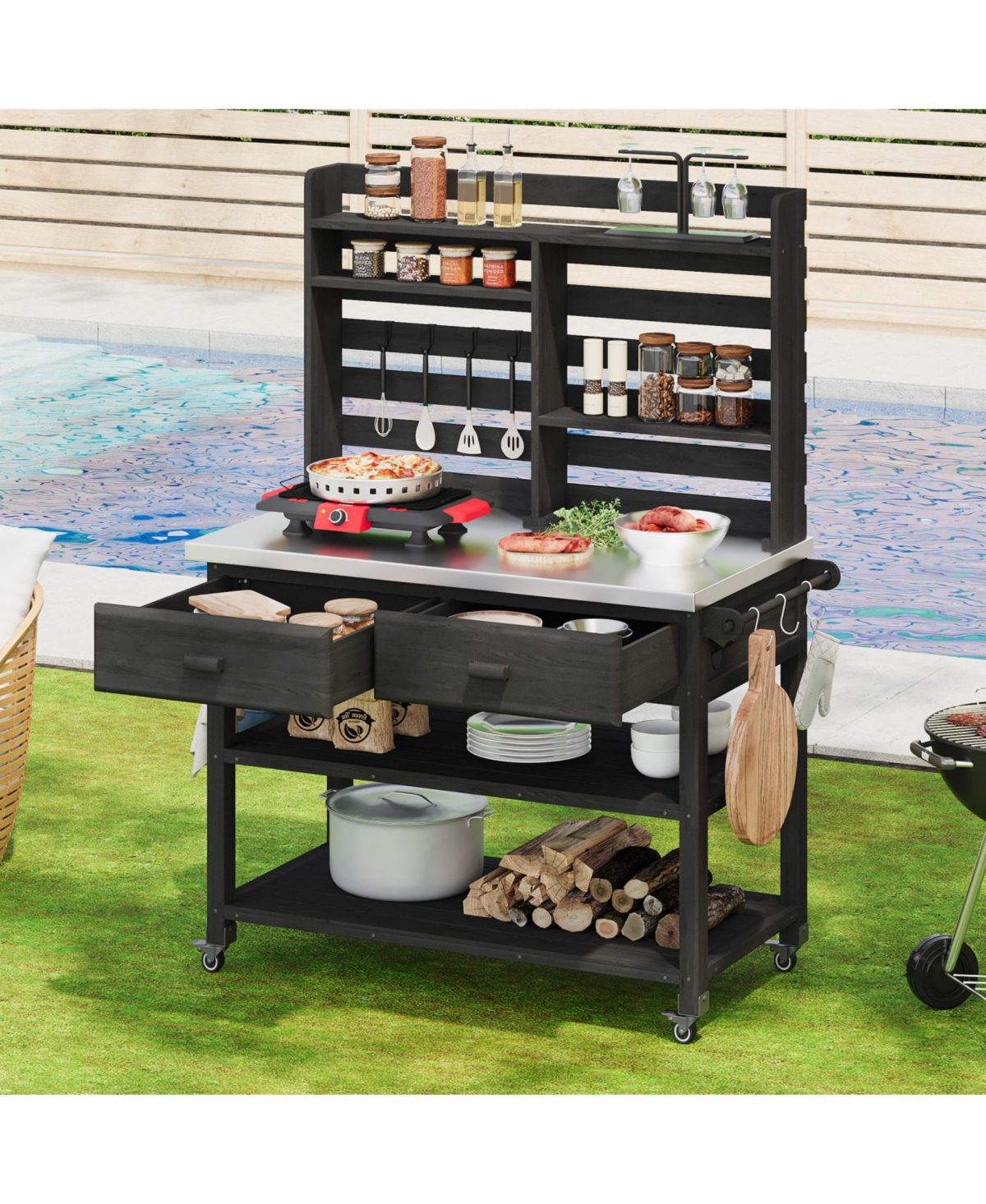 Streamdale Outdoor Potting Bench with Wheels, Hutch, Stainless Steel Top, Black