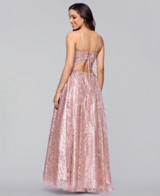 Juniors' V-Neck Glitter Lace-Up Back Ball Gown