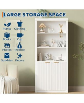 “5-Tier White Bookcase with Cabinet & Adjustable Shelf, Mid-Century Modern Design”