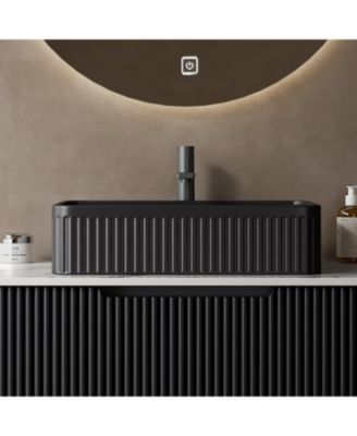 20'' Bathroom Sink, Rectangular Striped Vessel Ceramic Basin without Faucet, NO Cabinet, Black