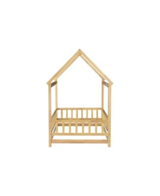 Twin Size House Floor Wooden Bed with Roof Frame Safety Guardrails
