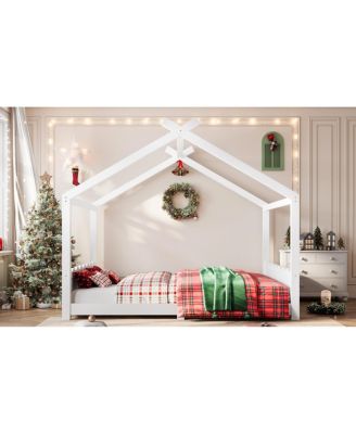 Queen House Floor Bed with Slats, Solid Wood Frame for Kids