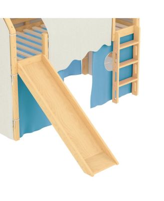 Twin Size House Loft Bed with Sills, Tents, Slide, Lights