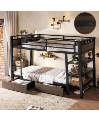 Twin Size Metal Bunk Bed with Storage, LED, and USB