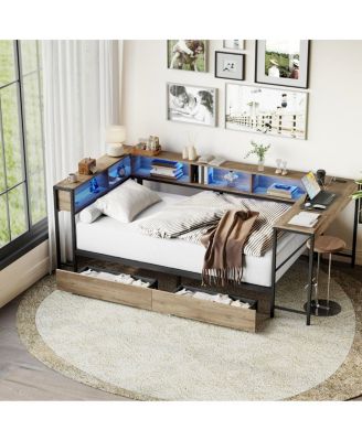 Corner Bed Frame Full Size w/ Bookcase, 2 Drawers, LED & Charging Station