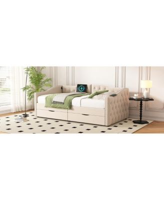 Upholstered Beige Daybed with Storage Drawers - Twin Size