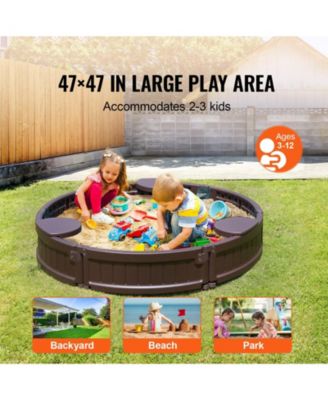 Sandbox with Cover, 47.2 x 9.1 in Round Sand Box, HDPE Sand Pit with 3 Corner Seating and Bottom Liner