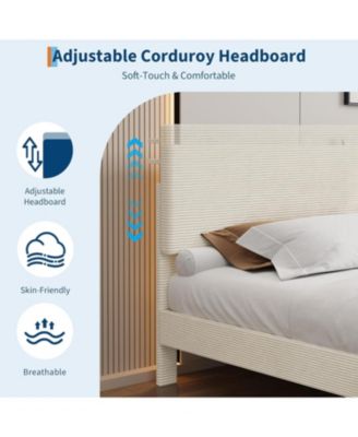 Bed Frame with USB Charging Station, Corduroy Upholstered Platform Bed Frame with Adjustable Storage Headboard, Wooden Slats Support