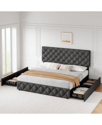 Bed Frame with 4 Storage Drawers and Headboard, Linen Upholstered Platform Bed frame - Queen