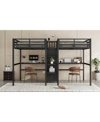 Twin Over Twin Metal Loft Bed with Double Desk, Wardrobe, Shelves & Outlet, Black