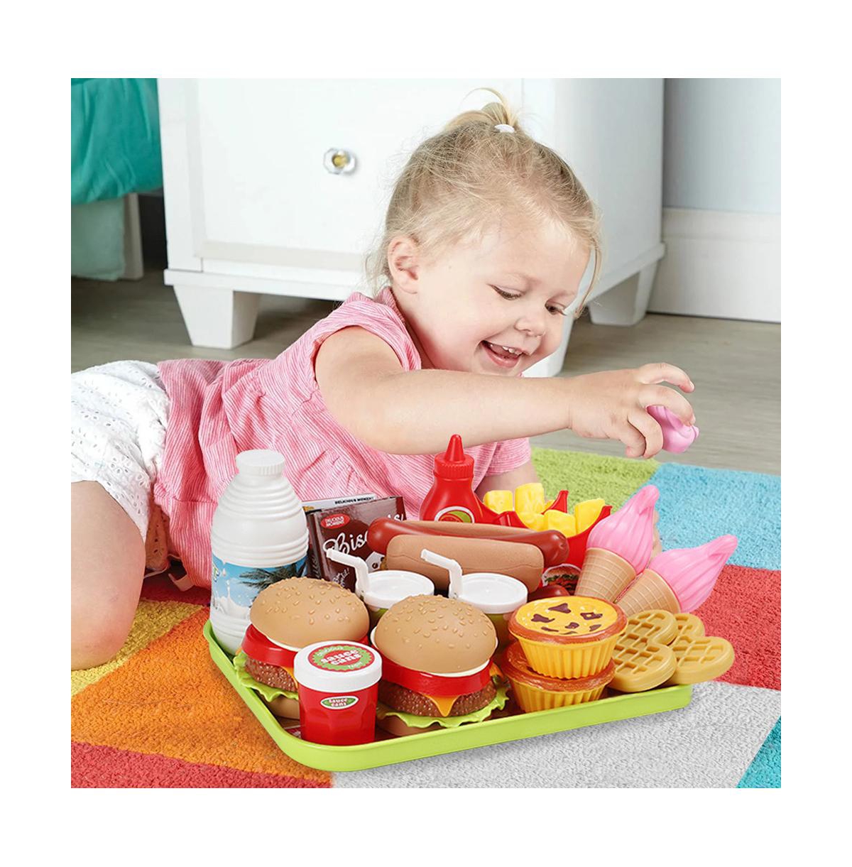 Bruce & Shark 30-Piece Pretend Play Fast Food Set for Kids with Hamburger, Fries, Hot Dog & Waffle