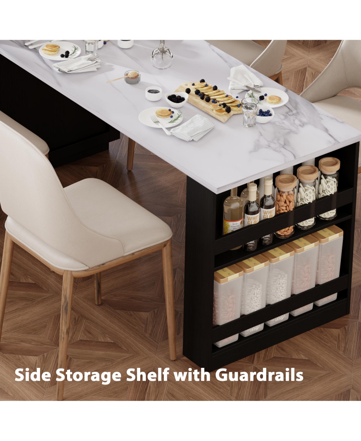 Boyel Living 82.7 inch Kitchen island with Extendable Dining Table, Two-tone Storage 2 Drawers Side Open Shelves, Power Outlet.