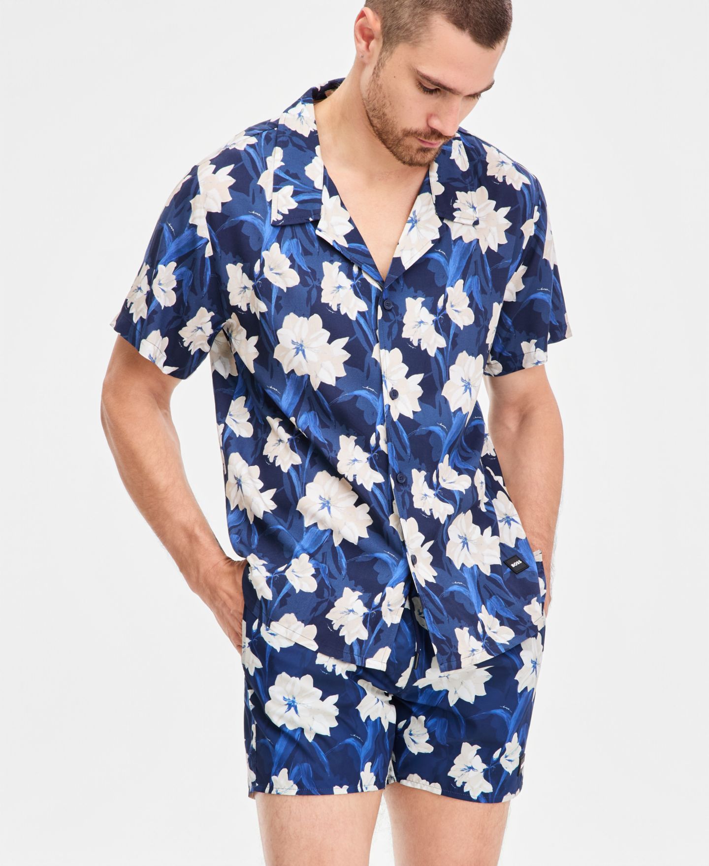 Пляжные рубашки Tropical для мужчин, на пуговицах, с принтом — Hugo Boss, цвет: Синий с принтом — фото 3
