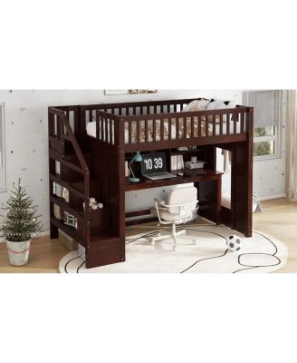 Twin Loft Bed with Desk, Storage Shelf & Stairs, Espresso