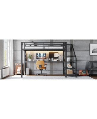 Loft Bed with Desk and Storage Stairs, Metal Loft Bed with LED Lights & USB Ports