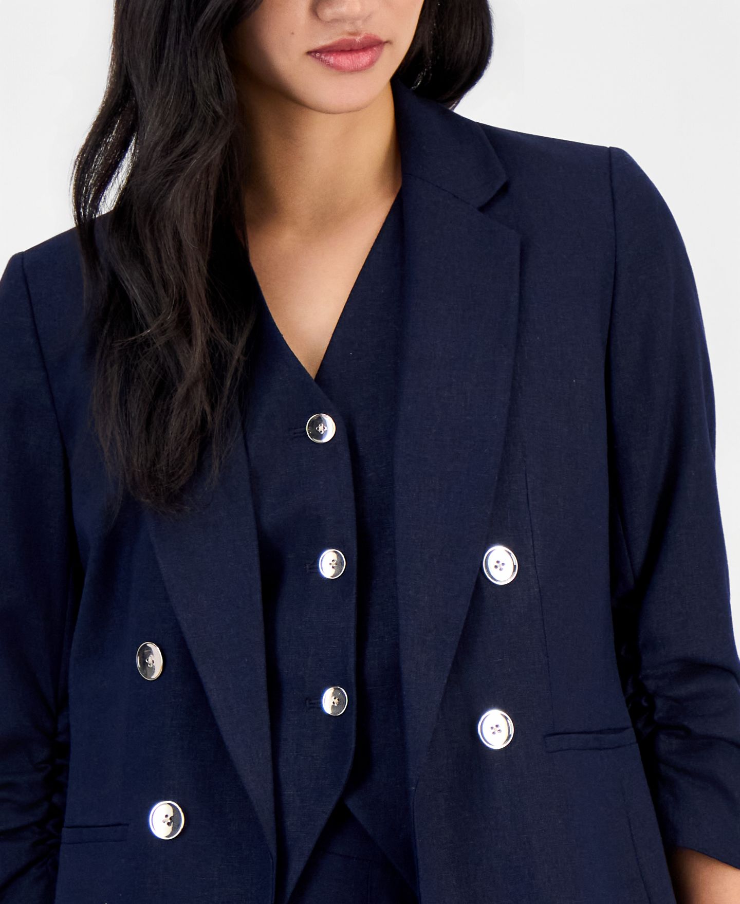 Женский пиджак Bar III Linen-Blend Scrunch-Sleeve Blazer, цвет: Тёмно-синий — фото 2