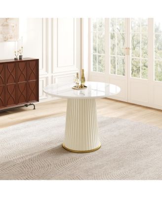 Modern 35.43" Round Dining Table, Glossy Sintered Stone Top, PU Leather Pedestal