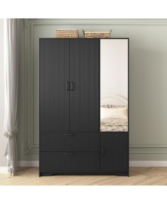 Streamdale 4-Door Wardrobe with Mirror, LED, 2 Drawers, Black