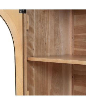 4-Door Large Storage Sideboard Buffet Cabinet with Glass Doors (Natural Wood